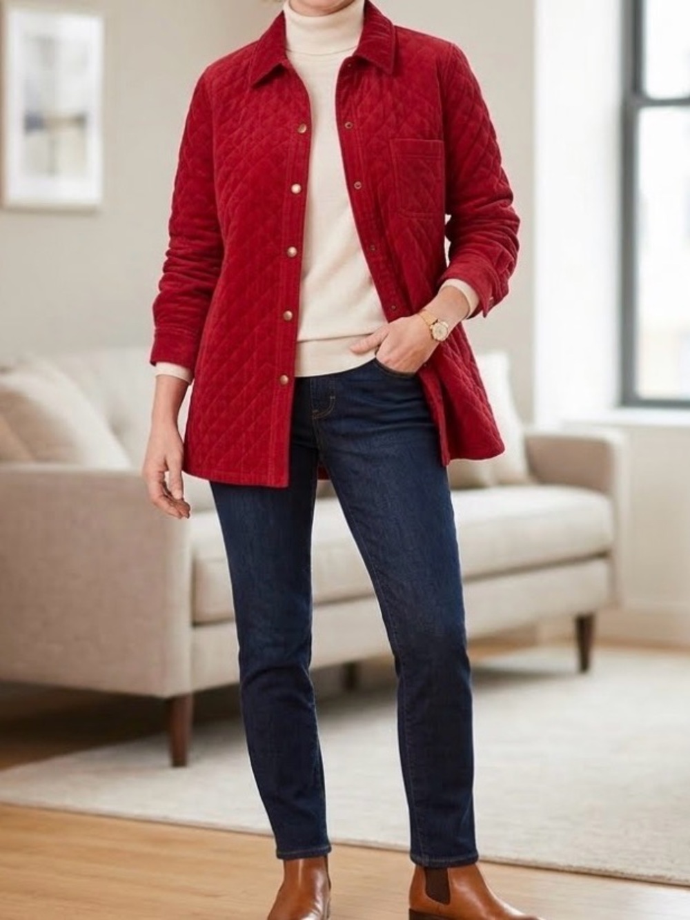 Talbots Jacket Women large Red Button Up Stretch Lined Quilted